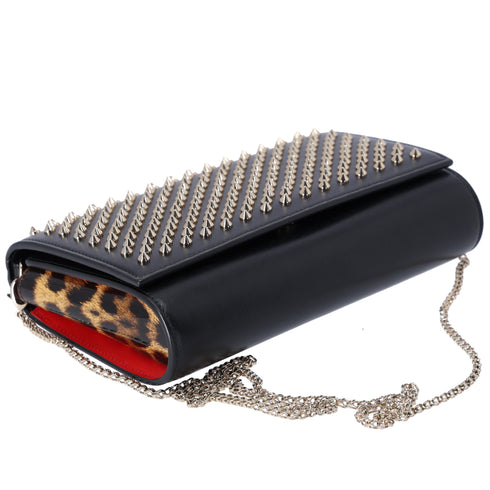 Christian Louboutin Paloma Clutch Crossbody Black Leather Leopard Studded